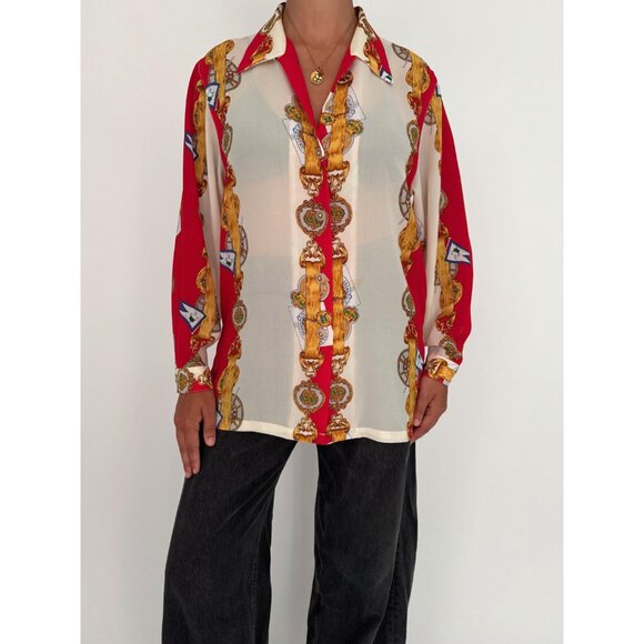 90s vintage red baroque nautical print collared sheer button up blouse shirt - Picture 2 of 10